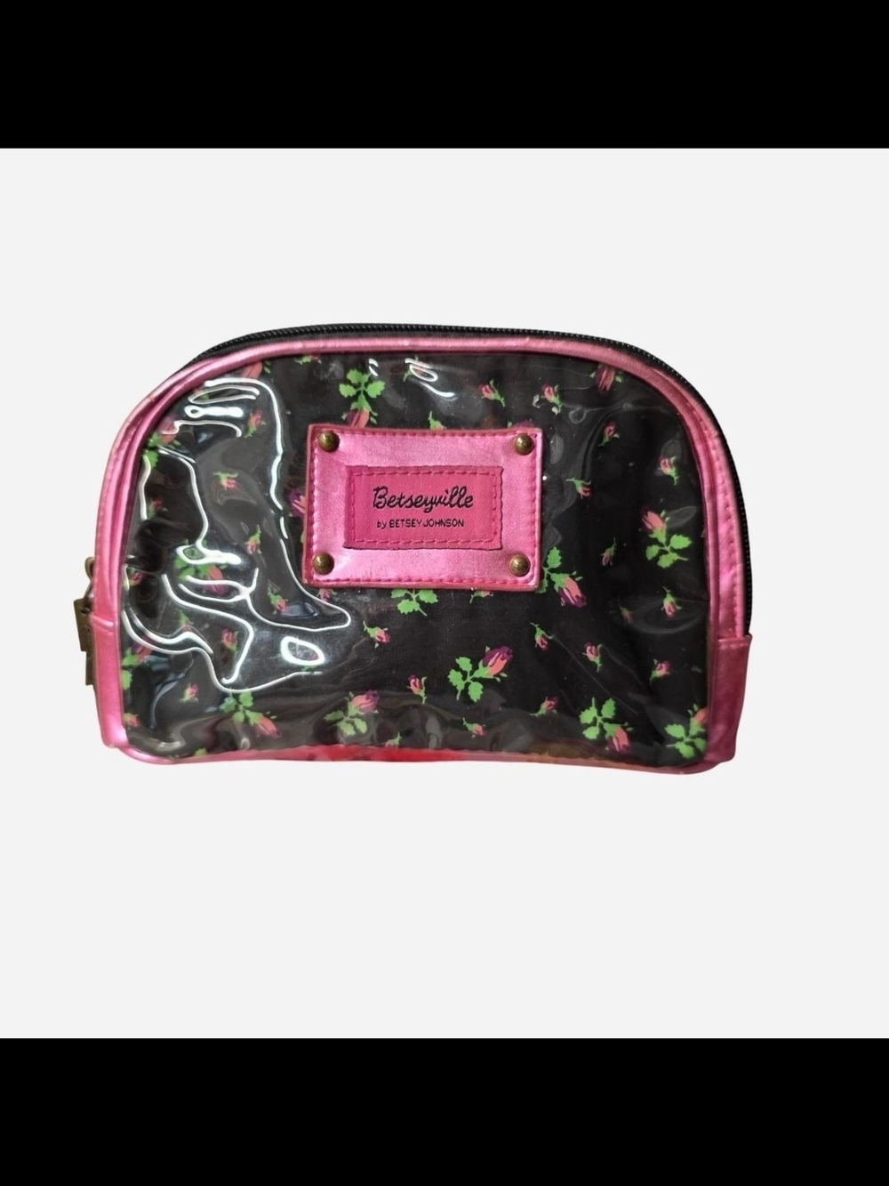 Betseyville by Betsey Johnson Black Floral Cosmetic Pouch with Hot Pink Trim
